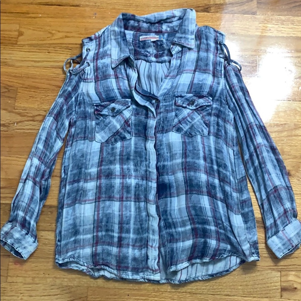 Girls flannel top with cold shoulder